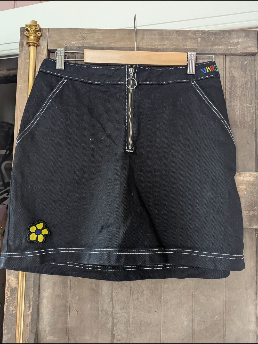 Vintage Vans Black Mini Skirt with Front Zip & Daisy Patch